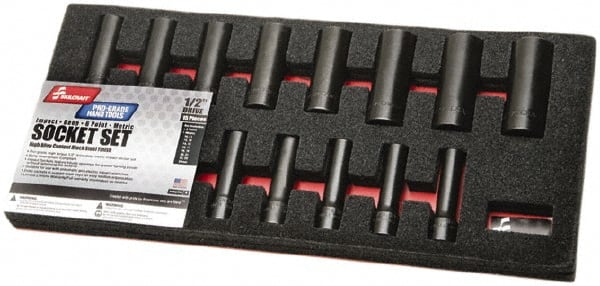 Ability One - 15 Piece 1/2" Drive Deep Well Impact Socket Set - 6 Points, 10mm to 24mm Range, Metric Measurement Standard - Exact Tooling