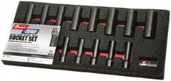 Ability One - 15 Piece 1/2" Drive Deep Well Impact Socket Set - 6 Points, 10mm to 24mm Range, Metric Measurement Standard - Exact Tooling