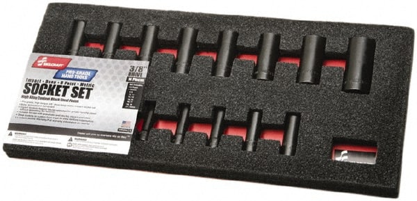 Ability One - 14 Piece 3/8" Drive Deep Well Impact Socket Set - 6 Points, 8mm to 24mm Range, Inch Measurement Standard - Exact Tooling
