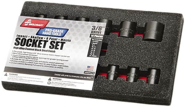 Ability One - 14 Piece 3/8" Drive Impact Socket Set - 6 Points, 8mm to 24mm Range, Inch Measurement Standard - Exact Tooling