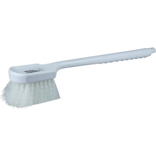 20″ Utility Scrub Brush, White Nylon Fill, Long Handle, Plastic Block - Exact Tooling