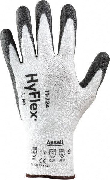 Ansell - Size L (9), ANSI Cut Lvl 2, Abrasion Lvl 6, Polyurethane Coated Cut Resistant Gloves - 9.5" Long, Palm & Fingertips Coated, Intercept Technology Yarn Lining, Knit Wrist, White/Gray, Paired - Exact Tooling