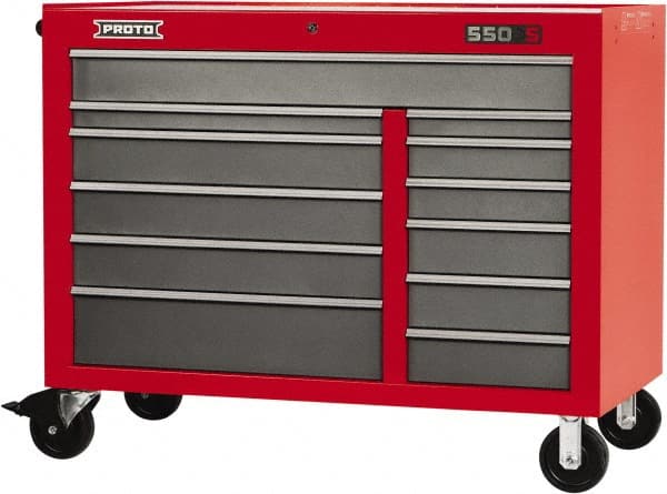 Proto - 23,419 Lb Capacity, 12 Drawer Mobile Workstation - 50" Wide x 25-1/4" Deep x 41" High, Steel, Safety Red & Gray - Exact Tooling