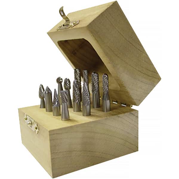 Made in USA - 8 Piece, 1/4" Shank Burr Set - Solid Carbide, Multiple Head Shapes, 14° Included Angle - Exact Tooling