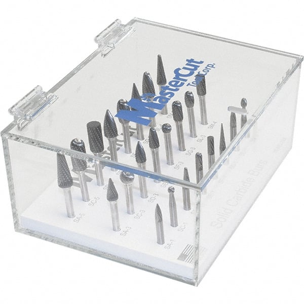 Made in USA - 24 Piece, 1/4" Shank Burr Set - Multiple Head Shapes, Solid Carbide, 14° Included Angle - Exact Tooling