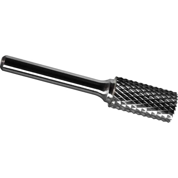 Made in USA - 1" Cut Diam, 0.2362" Shank Diam, Cylinder with End Cut Head Diamond Cut Burr - Carbide, 25mm LOC, 70mm OAL - Exact Tooling