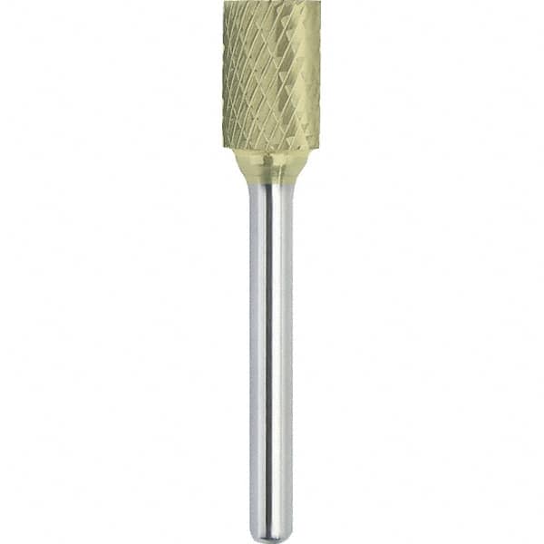 Made in USA - 1" Cut Diam, 0.2362" Shank Diam, Cylinder with End Cut Head Double Cut Burr - Carbide, 25mm LOC, 70mm OAL - Exact Tooling