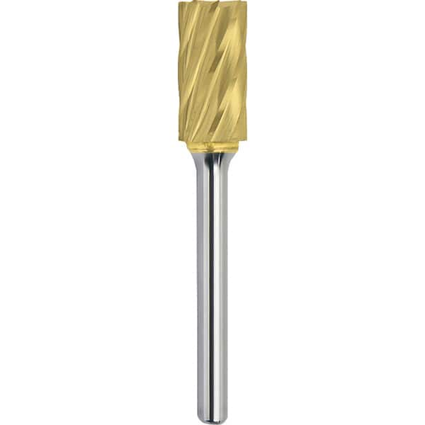 Made in USA - 1/2" Cut Diam, 1/4" Shank Diam, Cylinder with End Cut Head Aluma Cut Burr - Carbide, 1" LOC, 2-3/4" OAL - Exact Tooling
