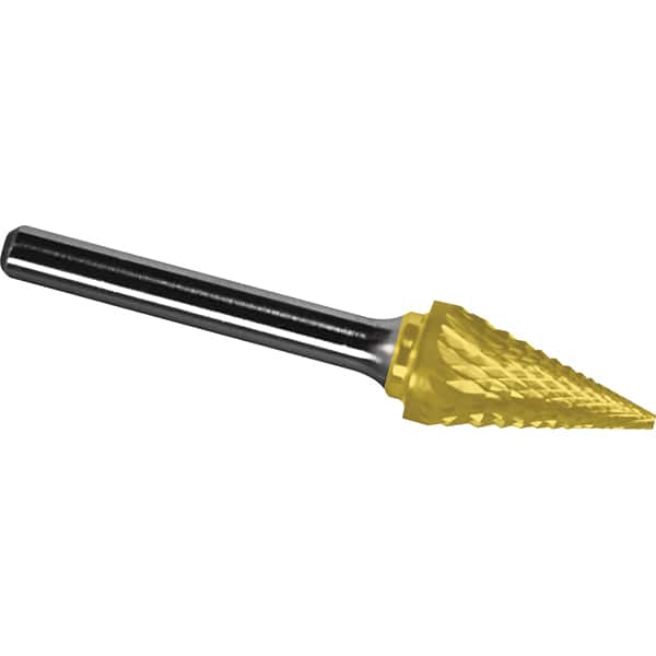 Made in USA - 5/8" Cut Diam, 1/4" Shank Diam, Cone Head Diamond Cut Burr - Carbide, 1" LOC, 2-3/4" OAL - Exact Tooling