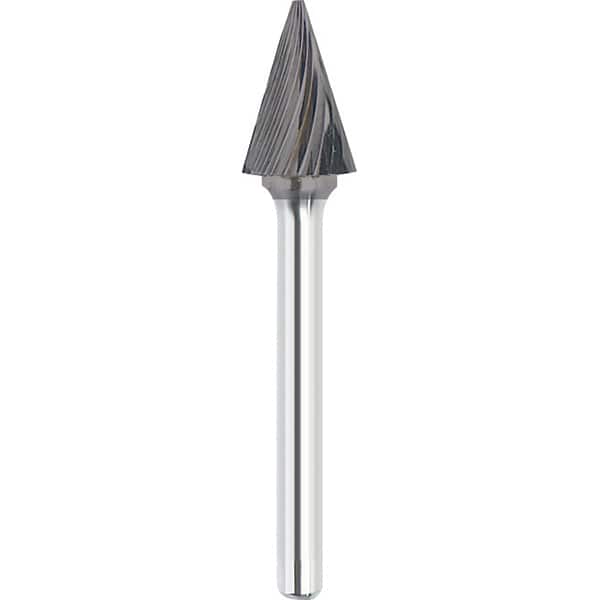 Made in USA - 9.5mm Cut Diam, 0.2362" Shank Diam, Cone Head Single Cut Burr - Carbide, 16mm LOC, 61mm OAL - Exact Tooling