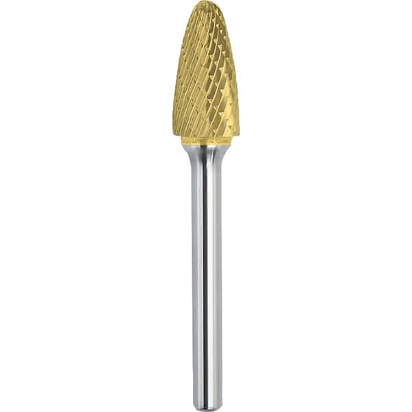 Made in USA - 9.5mm Cut Diam, 0.2362" Shank Diam, Tree with Radius Head Double Cut Burr - Carbide, 19mm LOC, 64mm OAL - Exact Tooling