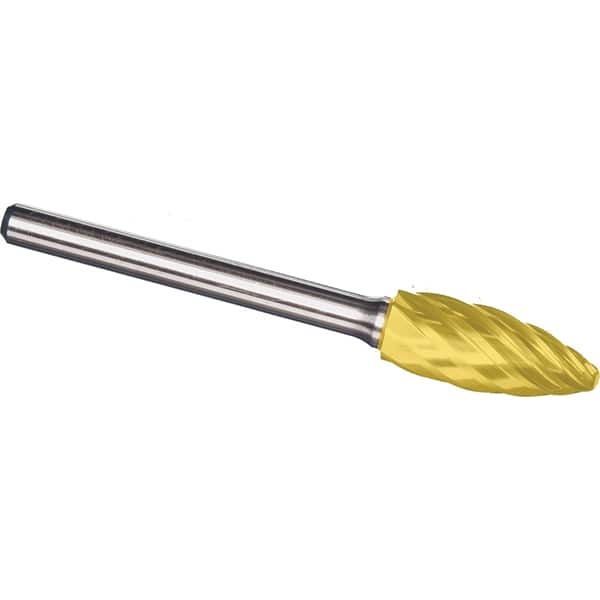 Made in USA - 3/4" Cut Diam, 1/4" Shank Diam, Flame Head Aluma Cut Burr - Carbide, 1-5/8" LOC, 3-3/8" OAL - Exact Tooling