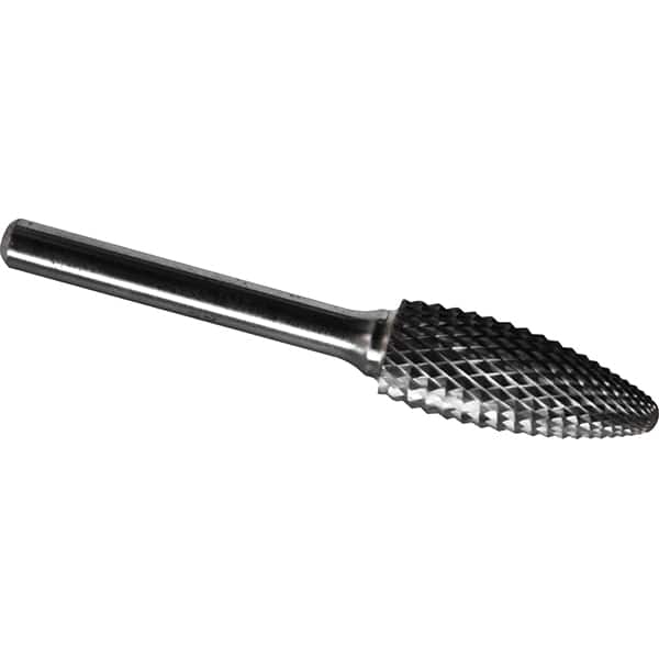 Made in USA - 1/2" Cut Diam, 0.2362" Shank Diam, Flame Head Diamond Cut Burr - Carbide, 32mm LOC, 77mm OAL - Exact Tooling
