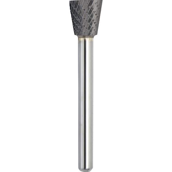 Made in USA - 6.3mm Cut Diam, 0.1181" Shank Diam, Inverted Cone Head Double Cut Burr - Carbide, 6mm LOC, 44mm OAL - Exact Tooling