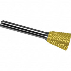 Made in USA - 5/8" Cut Diam, 1/4" Shank Diam, Inverted Cone Head Diamond Cut Burr - Carbide, 3/4" LOC, 2-1/2" OAL - Exact Tooling