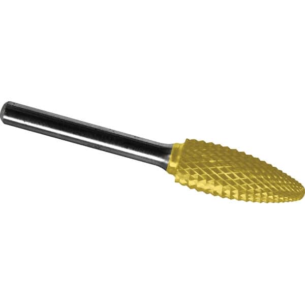 Made in USA - 1/2" Cut Diam, 0.2362" Shank Diam, Flame Head Diamond Cut Burr - Carbide, 32mm LOC, 77mm OAL - Exact Tooling