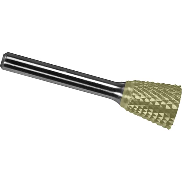 Made in USA - 6.3mm Cut Diam, 0.1181" Shank Diam, Inverted Cone Head Diamond Cut Burr - Carbide, 6mm LOC, 44mm OAL - Exact Tooling