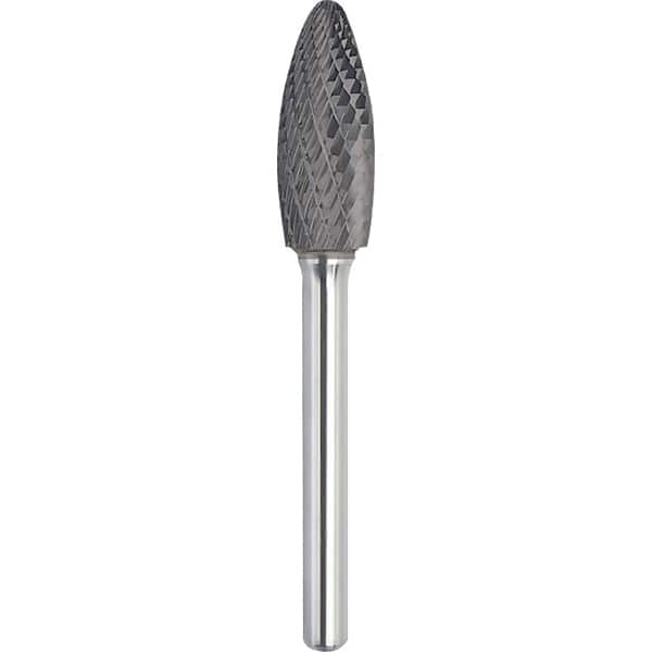 Made in USA - 8mm Cut Diam, 0.2362" Shank Diam, Flame Head Double Cut Burr - Carbide, 19mm LOC, 64mm OAL - Exact Tooling