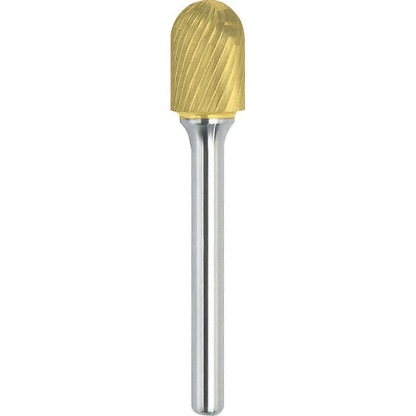 Made in USA - 7/16" Cut Diam, 1/4" Shank Diam, Cylinder with Radius Head Single Cut Burr - Carbide, 1" LOC, 2-3/4" OAL - Exact Tooling