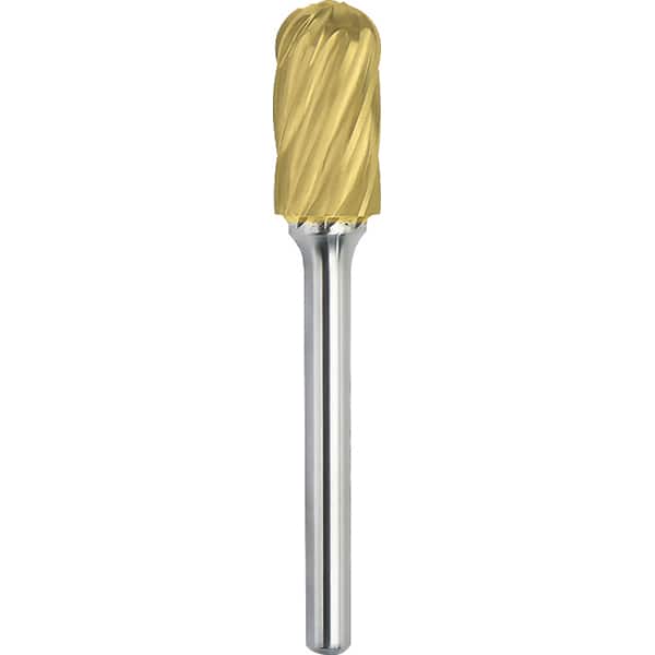 Made in USA - 5mm Cut Diam, 0.2362" Shank Diam, Cylinder with Radius Head Aluma Cut Burr - Carbide, 16mm LOC, 50mm OAL - Exact Tooling