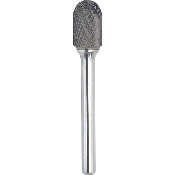Made in USA - 9.5mm Cut Diam, 0.2362" Shank Diam, Cylinder with Radius Head Double Cut Burr - Carbide, 19mm LOC, 64mm OAL - Exact Tooling