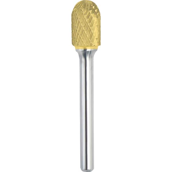 Made in USA - 7/16" Cut Diam, 1/4" Shank Diam, Cylinder with Radius Head Double Cut Burr - Carbide, 1" LOC, 2-3/4" OAL - Exact Tooling