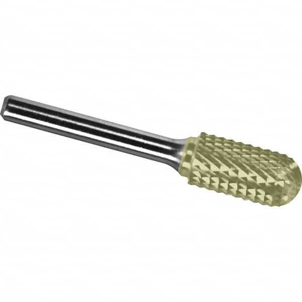 Made in USA - 1" Cut Diam, 1/4" Shank Diam, Cylinder with Radius Head Diamond Cut Burr - Carbide, 1" LOC, 2-3/4" OAL - Exact Tooling
