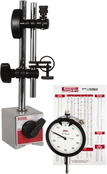 SPI - 0.001" Graduation, Dial Indicator & Base Kit - 2-1/4" Base Length x 2" Base Width x 2-1/8" Base Height - Exact Tooling