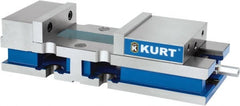 Kurt - 8" Jaw Width, 10-1/4" Jaw Opening Capacity, Horizontal Stationary Machine Vise - Reverse Manual Operation, 1 Station, 24" Long x 6" High x 1" Deep, 6" Jaw Height, 100 Lb Max Clamp Force, Ductile Iron - Exact Tooling