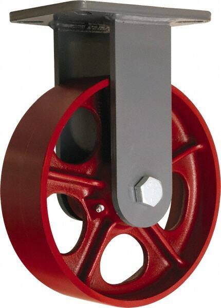 Hamilton - 10" Diam x 2-1/2" Wide x 12-1/2" OAH Top Plate Mount Rigid Caster - Cast Iron, 2,500 Lb Capacity, Straight Roller Bearing, 5-1/4 x 7-1/4" Plate - Exact Tooling