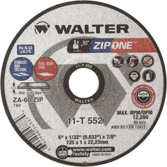 WALTER Surface Technologies - 5" Zirconia Alumina Cutoff Wheel - 1/32" Thick, 7/8" Arbor, 12,200 Max RPM, Use with Angle Grinders - Exact Tooling