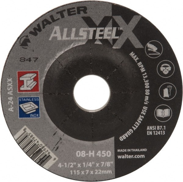 WALTER Surface Technologies - 24 Grit, 4-1/2" Wheel Diam, 1/4" Wheel Thickness, 7/8" Arbor Hole, Type 27 Depressed Center Wheel - Aluminum Oxide, 13,300 Max RPM - Exact Tooling