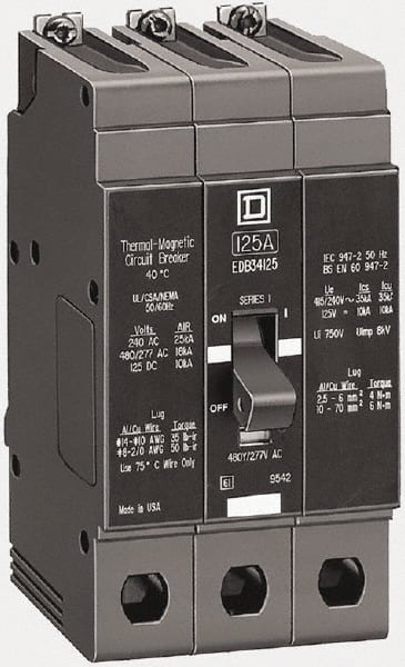 Square D - 25 Amp, 480Y/277 V, 3 Pole, Bolt On Miniature Circuit Breaker - 65 kA Breaking Capacity, 12, 14 AWG - Exact Tooling