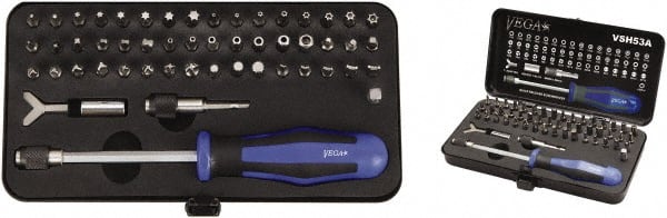 VEGA Industries - 53 Piece, 1/4" Drive Screwdriver Bit Set - #1 to #3 Phillips, Tamperproof 7/64 to 5/16" Hex, T8 to T40 Torx, #1 to #3 Square Recess - Exact Tooling