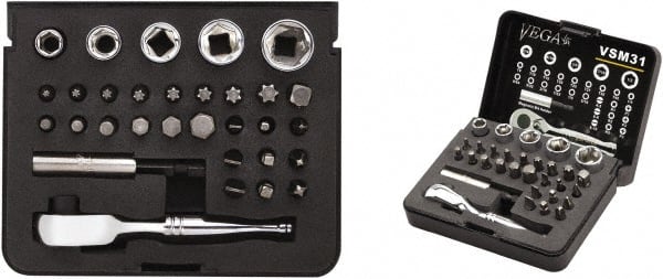 VEGA Industries - 31 Piece, 1/4" Drive Screwdriver Bit Set - #1 to #3 Phillips, 9/64 to 5/16" Hex, T8 to T40 Torx, #1 to #3 Square Recess - Exact Tooling