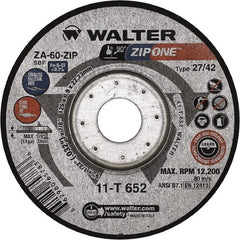 WALTER Surface Technologies - 60 Grit, 4-1/2" Wheel Diam, 1/32" Wheel Thickness, 7/8" Arbor Hole, Type 27 Depressed Center Wheel - Zirconia Alumina, Resinoid Bond, 13,300 Max RPM - Exact Tooling