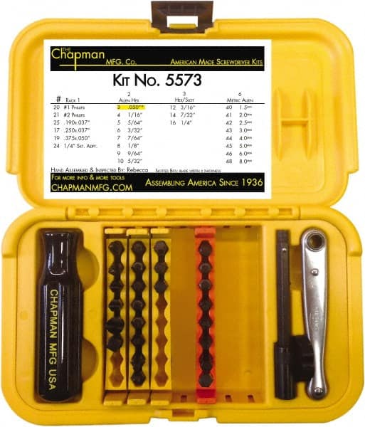 Chapman - 29 Piece, 1/4" Drive Screwdriver Bit Set - #1 & #2 Phillips, 0.05 to 1/4" Hex - Exact Tooling