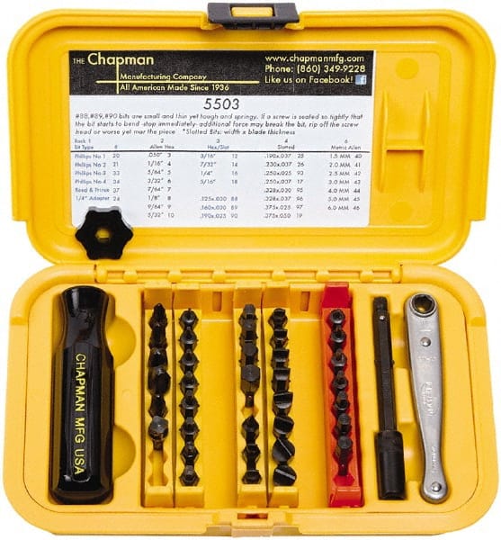Chapman - 40 Piece, 1/4" Drive Screwdriver Bit Set - #1 to #4 Phillips, 0.05 to 5/16" Hex - Exact Tooling