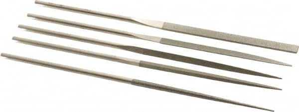 PFERD - 5 Piece Diamond Pattern File Set - 5-1/2" Long, Fine Coarseness, Set Includes Half Round, Hand, Round, Square, Three Square - Exact Tooling