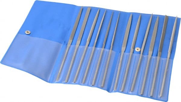 PFERD - 12 Piece Needle Pattern File Set - 6-1/4" Long, 0 Coarseness, Set Includes Flat, Hand, Crossing, Three Square, Square, Round, Half Round, Knife, Barrette, Flat with Round Edges, Crossing Oval - Exact Tooling