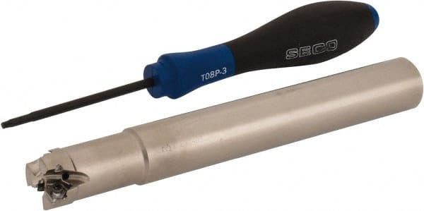 Seco - 3/4" Cut Diam, 0.157" Max Depth of Cut, 3/4" Shank Diam, 5.91" OAL, Indexable Square Shoulder End Mill - XNEX 04.. Inserts, Cylindrical Shank, 90° Lead Angle, Through Coolant, Series Square 6 - Exact Tooling