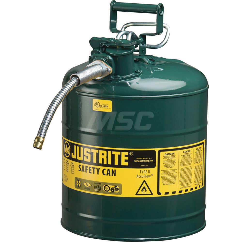 Justrite - Safety Dispensing Cans; Capacity: 5 Gal. ; Material: Steel ; Color: Green ; Height (Decimal Inch): 17.500000 ; Diameter/Length (mm): 11.75 ; Approval Listing/Regulations: FM Approved; UL; ULC; TUV - Exact Tooling