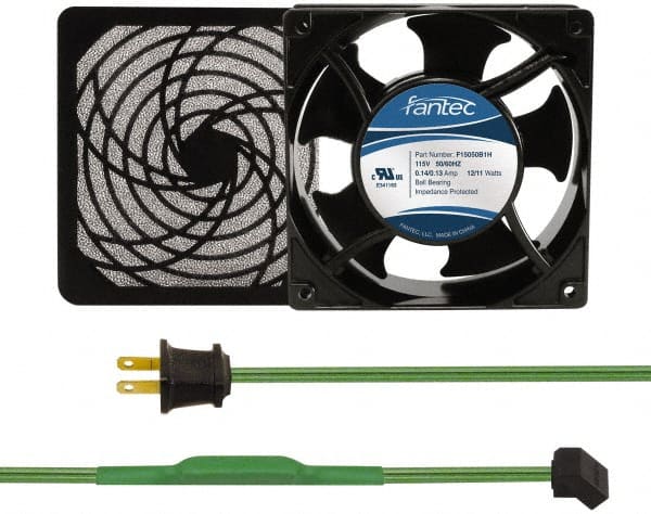 Made in USA - 115 Volts, AC, 103 CFM, Square Tube Axial Fan Kit - 0.26 Amp Rating, 120mm High x 120mm Wide x 38.5mm Deep, Includes Fan, Fan Filter, Thermostatically Controlled Fan Cord - Exact Tooling