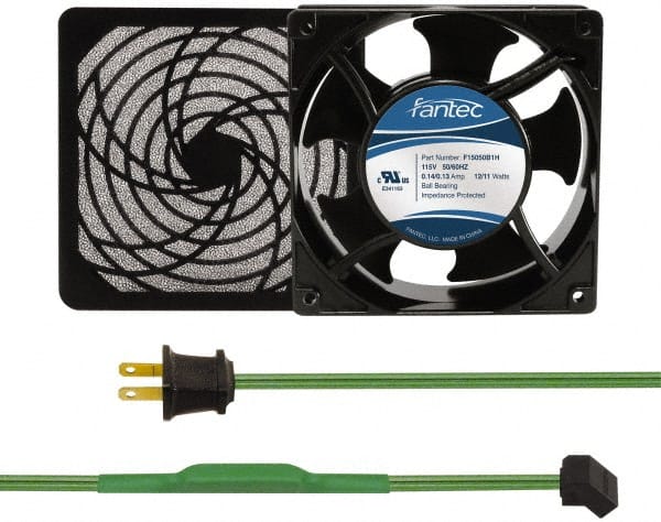Made in USA - 115 Volts, AC, 80 CFM, Square Tube Axial Fan Kit - 0.18 Amp Rating, 120mm High x 120mm Wide x 38.5mm Deep, Includes Fan, Fan Filter, Thermostatically Controlled Fan Cord - Exact Tooling