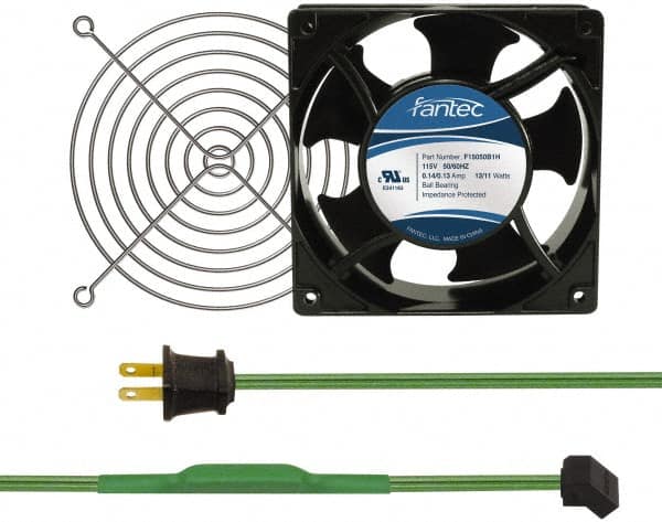 Made in USA - 115 Volts, AC, 80 CFM, Square Tube Axial Fan Kit - 0.18 Amp Rating, 120mm High x 120mm Wide x 38.5mm Deep, Includes Fan, Fan Guard, Thermostatically Controlled Fan Cord - Exact Tooling