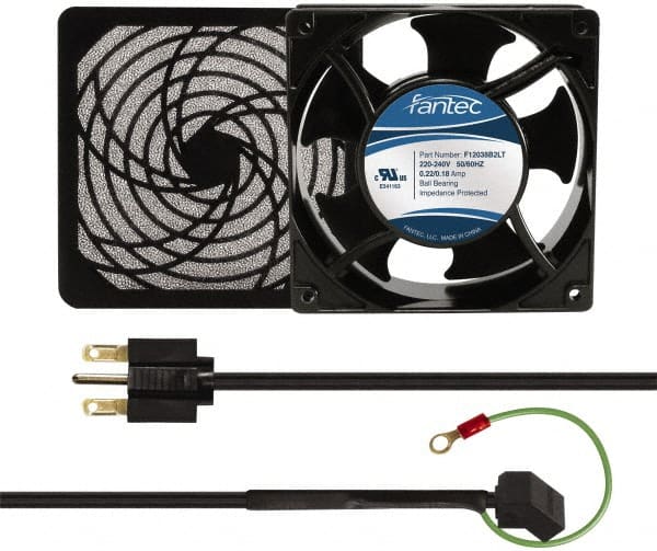 Made in USA - 230 Volts, AC, 80 CFM, Square Tube Axial Fan Kit - 0.07/0.06 Amp Rating, 120mm High x 120mm Wide x 38.5mm Deep, Includes Fan, Fan Guard, Fan Cord - Exact Tooling