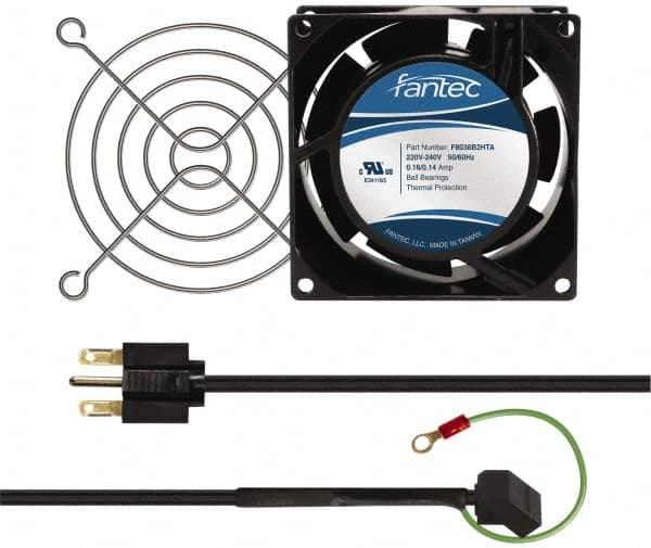Made in USA - 230 Volts, AC, 32 CFM, Square Tube Axial Fan Kit - 0.06/0.05 Amp Rating, 3.15" High x 3" Wide x 38.5mm Deep, Includes Fan, Fan Filter, Fan Cord - Exact Tooling