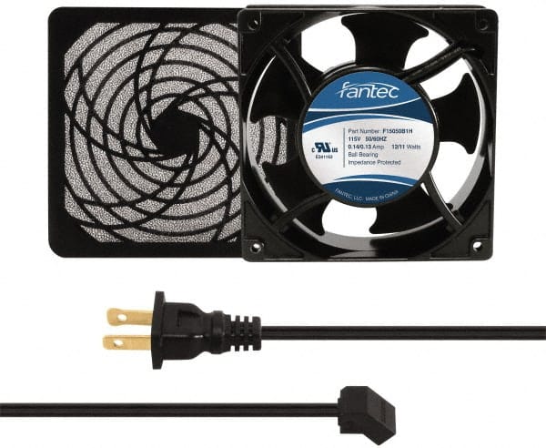 Made in USA - 115 Volts, AC, 103 CFM, Square Tube Axial Fan Kit - 0.26 Amp Rating, 120mm High x 120mm Wide x 38.5mm Deep, Includes Fan, Fan Filter, Fan Cord - Exact Tooling
