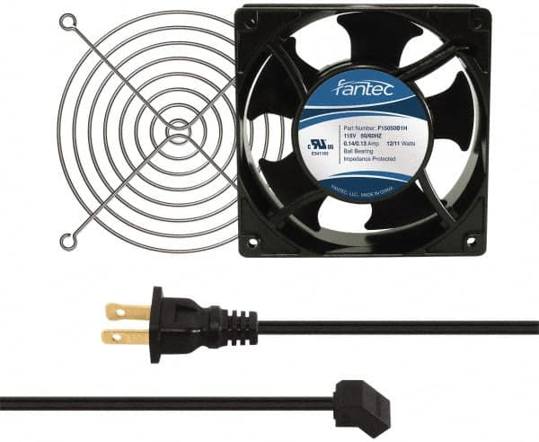 Made in USA - 115 Volts, AC, 80 CFM, Square Tube Axial Fan Kit - 0.18 Amp Rating, 120mm High x 120mm Wide x 38.5mm Deep, Includes Fan, Fan Guard, Fan Cord - Exact Tooling