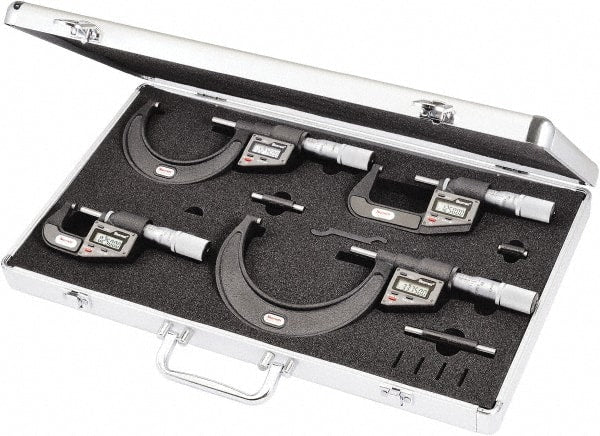 Starrett - 0 to 4" Range, 0.001mm Resolution, 4 Piece Electronic Outside Micrometer Sets - 0.001mm Accuracy, Friction Thimble, Carbide Measuring Face - Exact Tooling